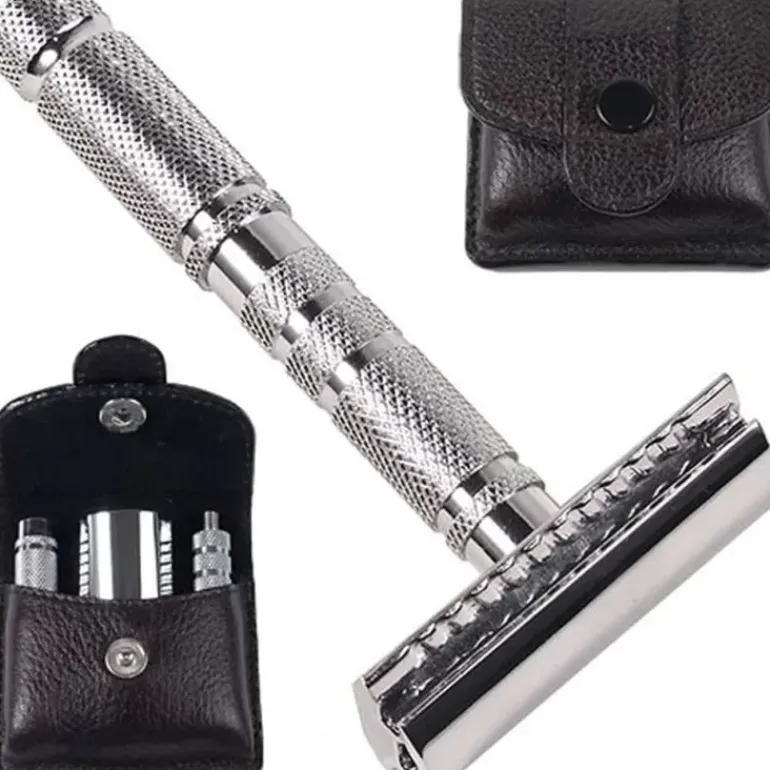 Parker A1-R 4 Piece Travel Safety Razor & Leather Pouch